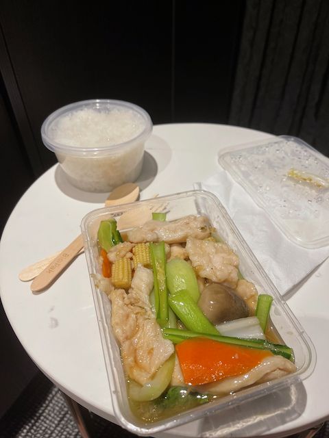 A meal I had, chicken and vegetables.