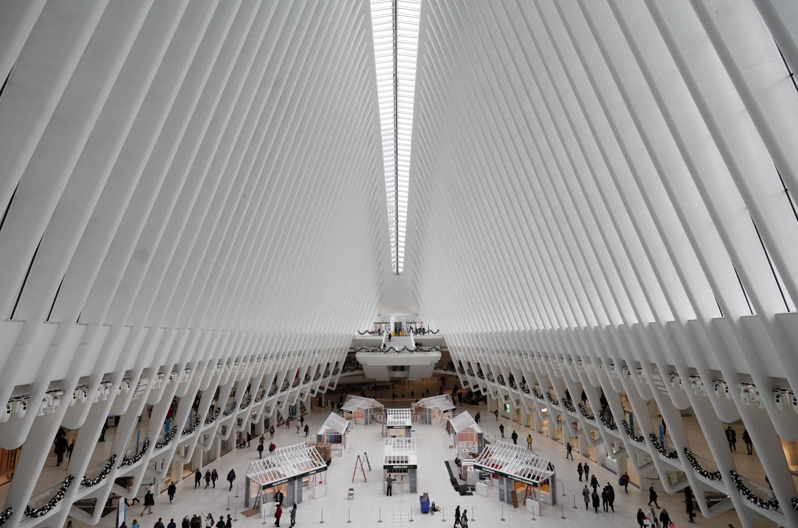 A view form inside the oculus. The oculus looks like the skinny ribs of a large animal and our view is form inside the animal. Shops line each side across the three level internal space, which is huge. 